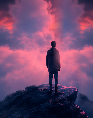 Soul Quest Home — a seeker above a sea of sunset clouds