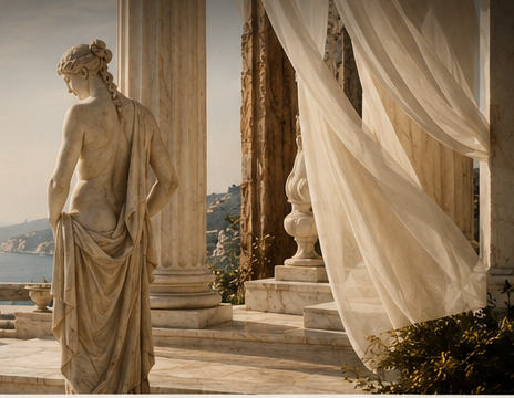 A marble statue beside white drapery overlooking the sea
