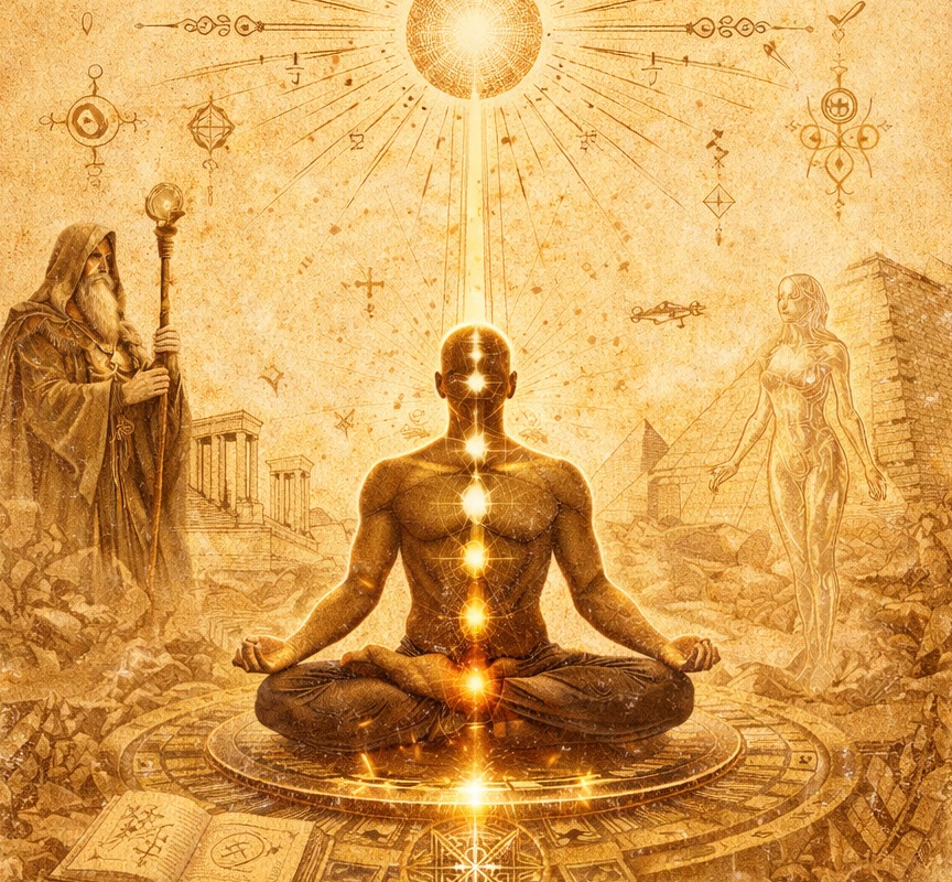 A meditating figure with illuminated chakras on ancient parchment