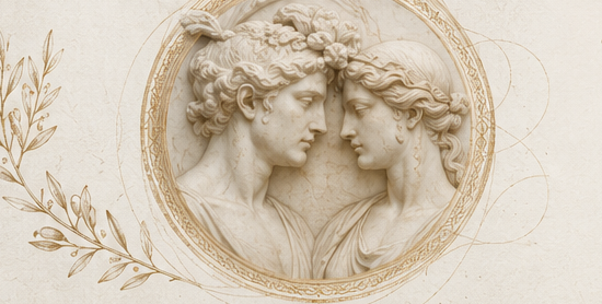 Stone relief medallion of two faces framed by an olive branch